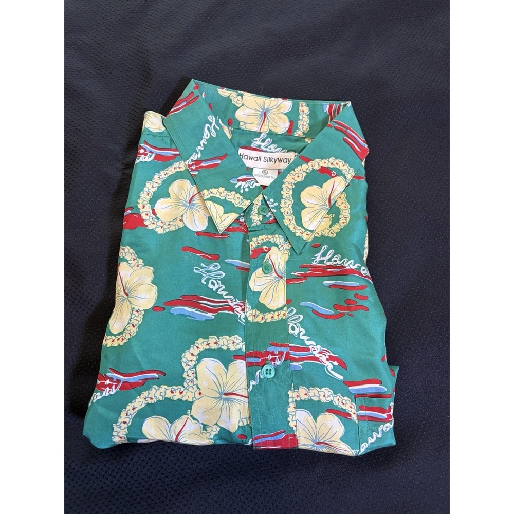 Hawaii Silkyway Shirt Mens~‎ XL~ 100% Washable Silk Retro Green Tropical Floral